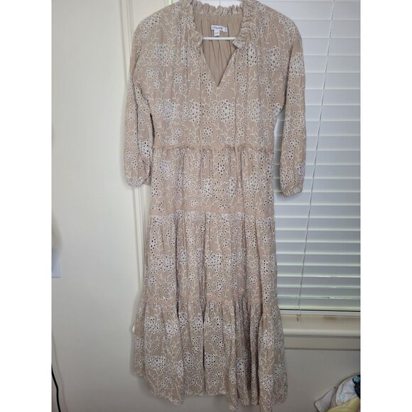 Chico's Dresses & Skirts - Chicos Womens Eyelet Lace Tiered Midi Dress Beige Size 4 /0 Prariecore Cottage